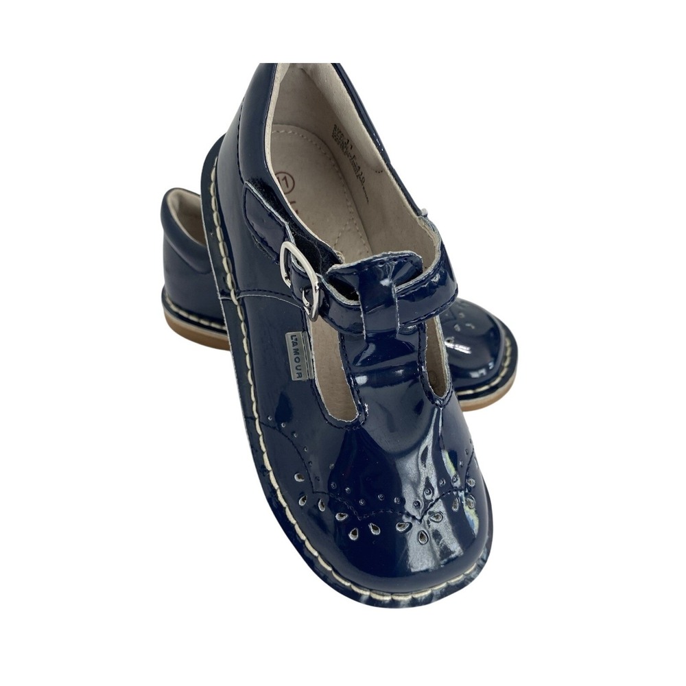 L'Amour Mary Jane Shoes Girls 11 Navy Blue Excellent T-Strap Brogue F-410